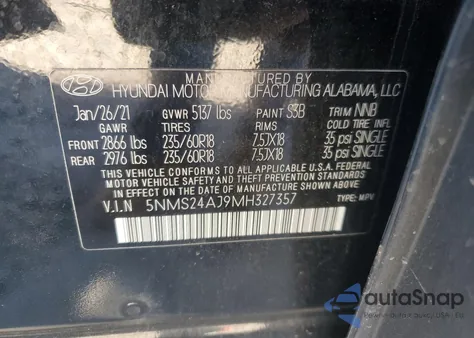 2021 Hyundai Santa Fe Sel from USA, damaged, VIN 5NMS24AJ9MH327357